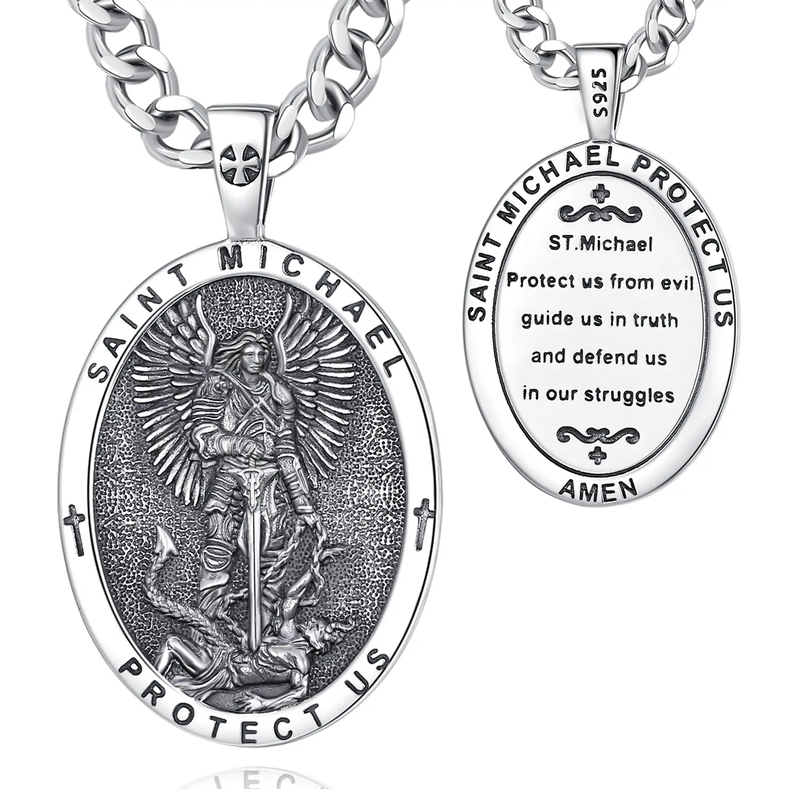 Eudora S925 Sliver St Michael Necklace, Archangel Michael Pendant Engraved Prayers, Saint Michael Two-Sided Medal Catholic Protection Jewelry for Police Military