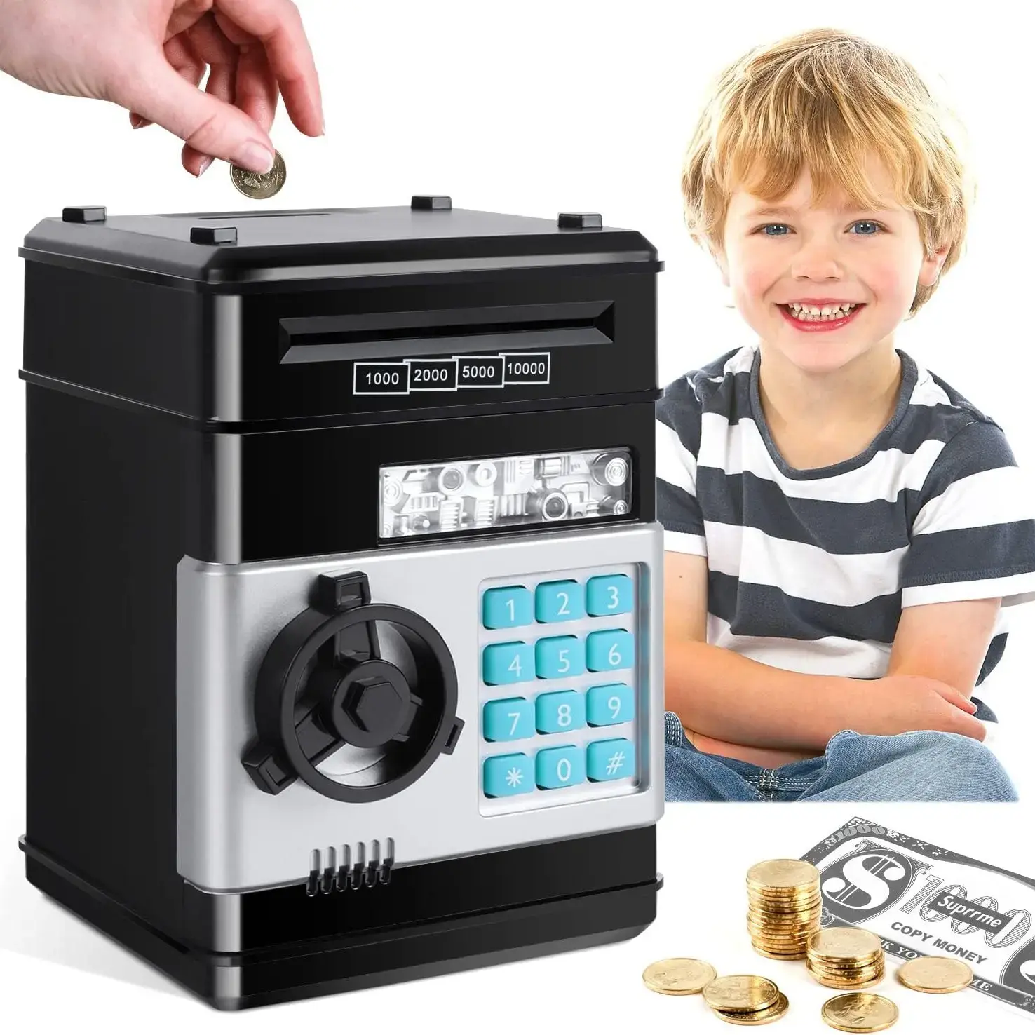 [2026 New Upgraded] Interactive Kids ATM Piggy Bank with Electronic Password Lock, Auto Scroll Paper Money & Coin Storage Box, Educational Learning Savings Toy, Ideal Birthday, Mother's Day Presents for Boys Girls #SummerVibes