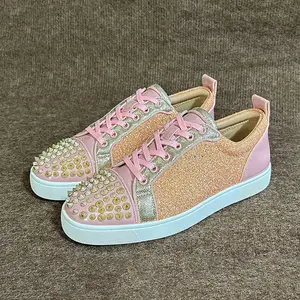 Pink & Gold Glitter Low-Top Sneakers with Gold Crystal Studs & Red Sole  – Luxe Geometric Embellished Casual Shoes for Fashion Creators