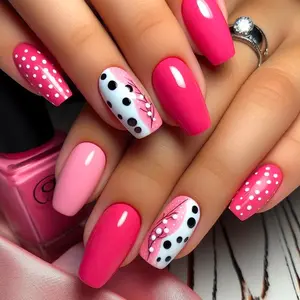 Pink Polka Bloom Press-On Nails – Bright and Light Pink Mix with White Polka Dots, Black Dot Accents, and Delicate Floral Patterns, Long-Lasting Reusable False Nail Set, Easy to Apply, Perfect for Spring, Summer, Weddings, and Everyday Chic Styles