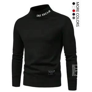 Mens Fall Outfit Long-Sleeved Urban Style Sweashirt With A High Collar And Stylish Lettering Graphic Design, Knitted Lightweight Turtleneck Pullover Sweater Everlasting Streetwear Style For Autumn Outfits And Winter.