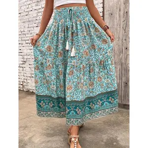 Floral Print Shirred Waist Skirt, Vacation-Style Ruffle-Hem Skirt for Spring and Summer, Women’s Clothing