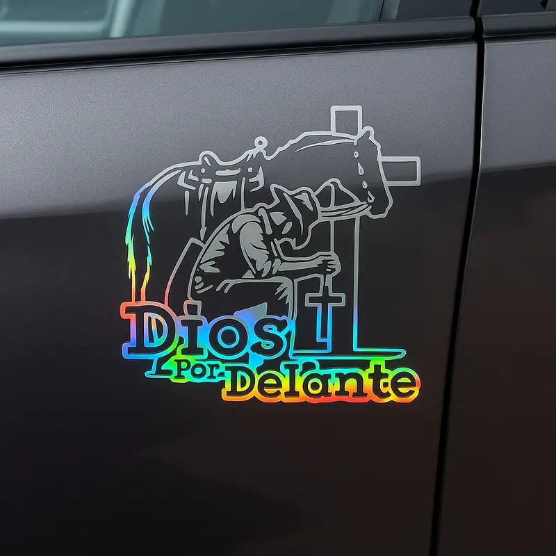 2Pcs Cowboy Dios por Delante Religious Holographic Car Decal - High Definition Waterproof Christian Cross Sticker for Laptops Hardhats Bumpers Helmets Cars & Gear, Texan Cowboy Car Sticker
