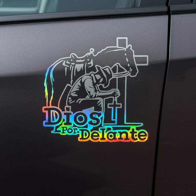 2Pcs Cowboy Dios por Delante Religious Holographic Car Decal - High Definition Waterproof Christian Cross Sticker for Laptops Hardhats Bumpers Helmets Cars & Gear, Texan Cowboy Car Sticker