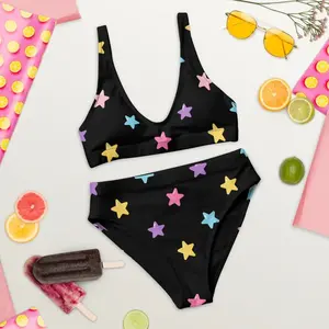 Women Y2K Pastel Star Print Black Bikini Set Cute Colorful High Waist Loose Comfortable Swimwear Beach Pool Party Summer Festival Sunbathing Two Piece