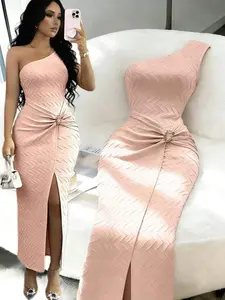 💗 Elegant Pink Asymmetric Neck Bodycon Dress With High Slit And Backless Design.