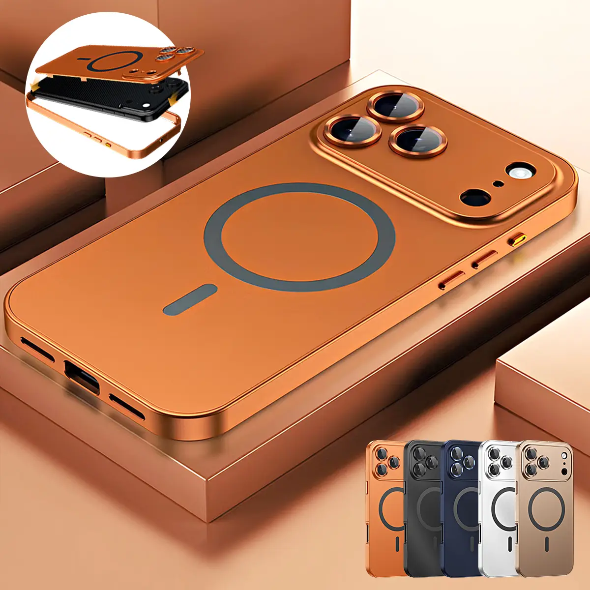 [LX]Magnetic Charging Aluminum Metal Bumper Matte Shell For IPhone18 17 16 15 Pro Max, Anti-Collision Matte Protective Case, Snap Frame Phone Case, Ltra Thin Phone Case Full Coverage Lens Protective Wireless Charging Protective Cover