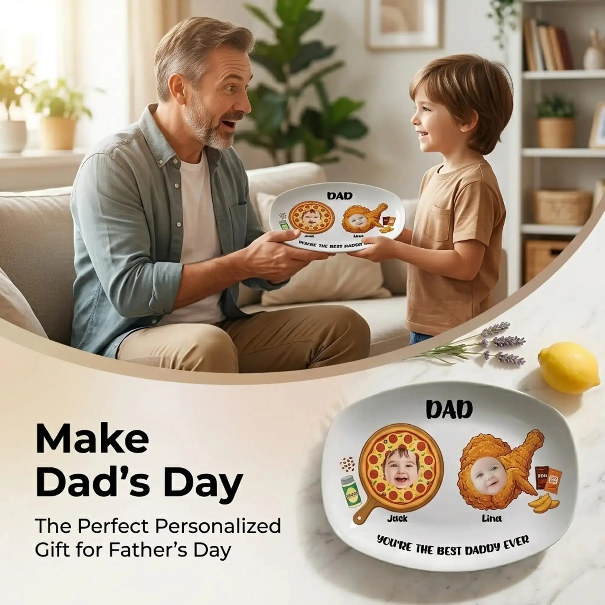 Personalized Daddy BBQ Photo Platter – “Best Daddy Ever” Custom Plate with Kids’ Photos | Father’s Day Gift for Dad | Family Keepsake Serving Tray