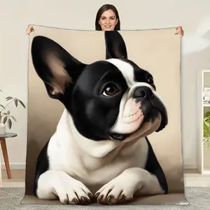 1pc French Bulldog Blanket - Soft Light Beige Cozy Flannel Fabric, Machine Washable All-Season Pet Bedspread with Black & White Frenchie Design - Modern Home Decor Gift for Dog Lovers, Sofa & Bed Throw, Cute Blanket, Blanket for B