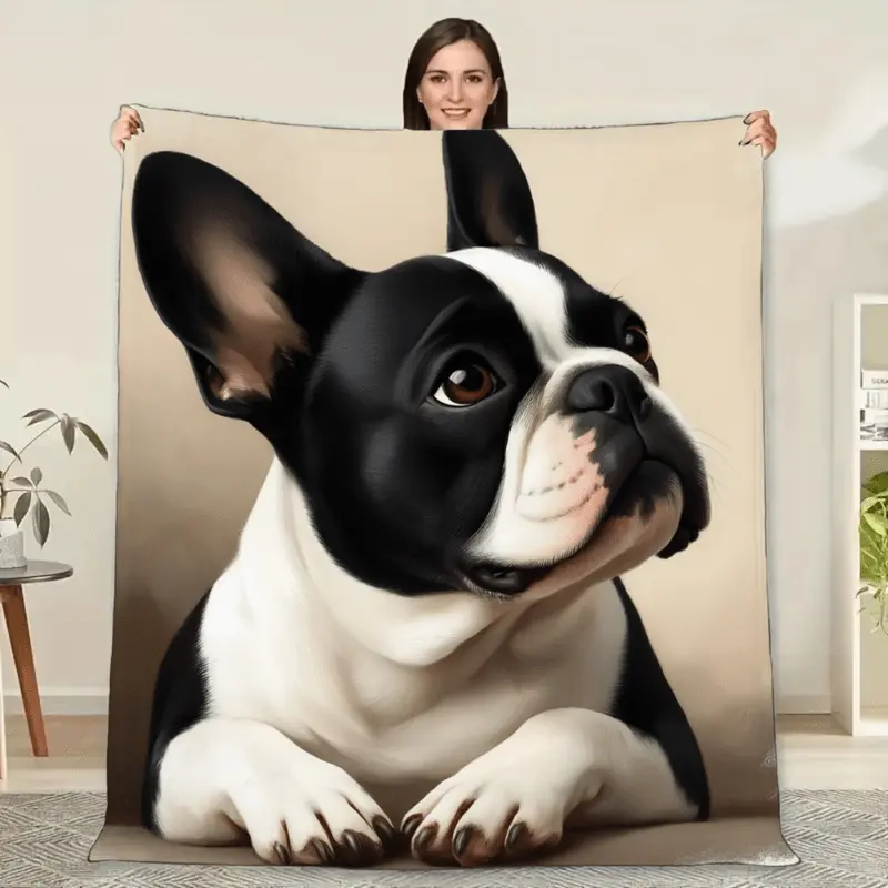 1pc French Bulldog Blanket - Soft Light Beige Cozy Flannel Fabric, Machine Washable All-Season Pet Bedspread with Black & White Frenchie Design - Modern Home Decor Gift for Dog Lovers, Sofa & Bed Throw, Cute Blanket, Blanket for B