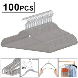 JupiterForce 100 PCS Velvet Hangers Non-Slip Flocked Clothes Hangers w/ 360° Swivel Hook Grey