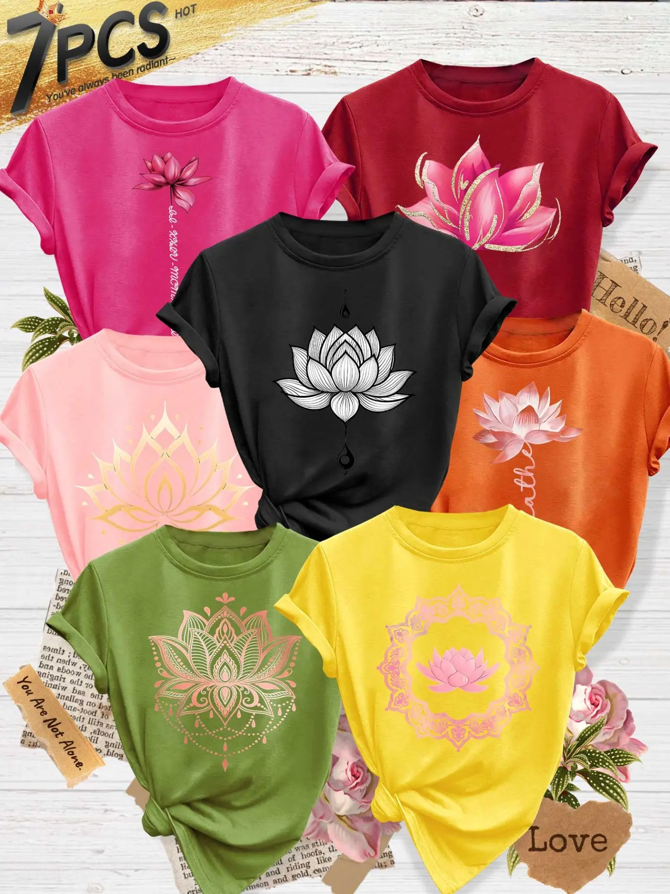 Women's 7-Pack Casual Short-Sleeve Crew Neck T-Shirt, Graphic Shirt, Lotus Zen Mandala Print, Round Neck, Multiple Colors Available, Machine Washable, Spring & Summer Top, Soft Skin-Friendly Fabric, Daily Versatile, Fashion Design, Womenswear