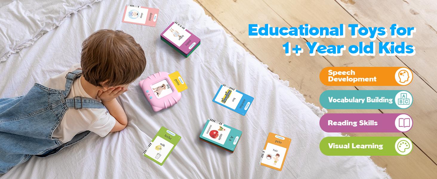 Mother's Day Pink Spanish and English Talking Flash Cards, Pocket Speech Therapy Tools with 510 Words, Montessori Language Learning Aids, Children's Sensory Learning Kits