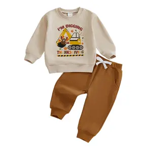 Kids Toddler Baby Boy Thanksgiving Outfit Turkey Excavator Letter Print Long Sleeve Sweatshirt and Solid Elastic Waist Pants 2 Piece Set