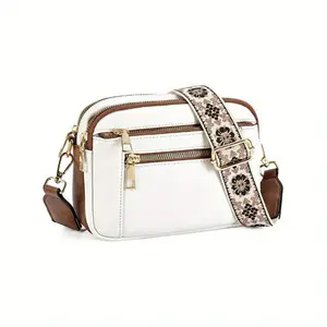 Women's Vintage Geometric Embroidery Crossbody Bag - Soft Synthetic Leather High Quality Square Purse with Adjustable Shoulder Strap, Golden-Tone Hardware & Zipper Closure, White & Brown for Casual & Formal Outfits, Stylish Travel Accessory | Durable Sti