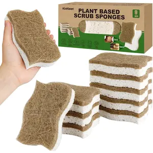 10 Pack Kickleen Biodegradable Natural Kitchen Sponges - Compostable Cellulose and Coconut Walnut Scrubber Sponge - Eco Friendly Sustainable Sponges for Dishes (9 Pack)