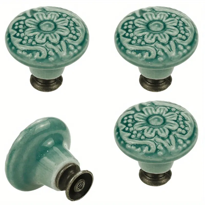 4 Pack Teal Green Floral Ceramic Cabinet Knobs – Vintage Decorative Drawer Pulls with Mounting Screws, 3D Embossed Flower Knobs for Kitchen Cabinets, Bathroom Vanities, Dressers, Wardrobes, Nightstands, Bookcases and Home Improvement Projects