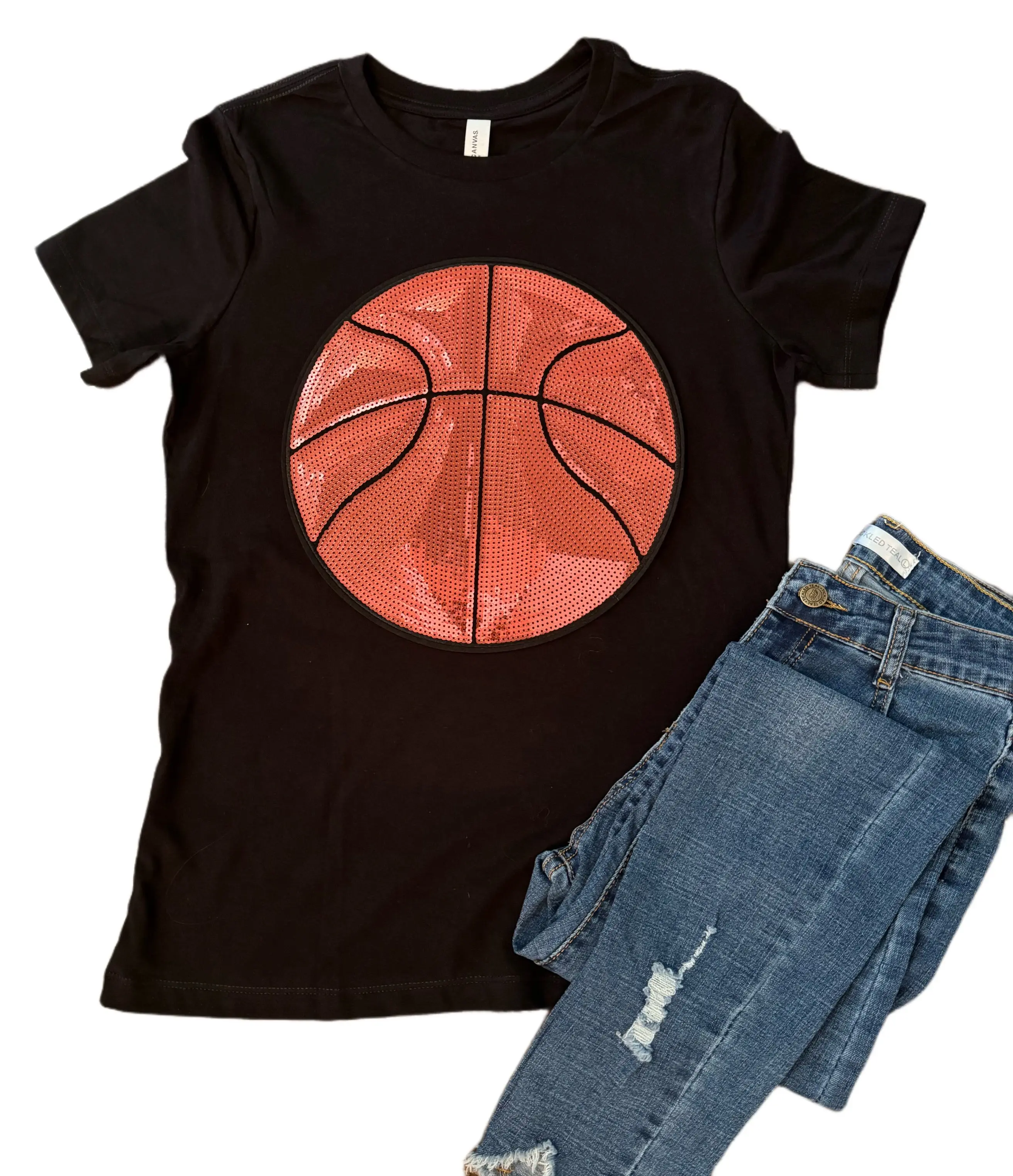 Women's Sparkly Sequin Casual Basketball Tee - 100% Cotton Short-Sleeve Jersey, Soft Loose-Fitting Pull On Top, Plain Casual Wear for All Seasons Game Day, Athletic Sparkle Graphic Sequin Patches Tshirt