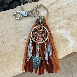 Genuine Leather Handbag Tassel Charm - Turquoise Dream Catcher, Feather, Arrow, Heishi Beads, Deerskin Lace, Double Tassels, Lobster Clasp, Large Ring, Handcrafted, Clips Easy, Collecting, Western Rustic Saddle Luggage & Bag Accessory