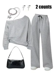 Women's Sexy Casual Adjustable Drawstring Wide Leg Pants Set, Asymmetrical Shoulder Long Sleeve Knit Sweatshirt, High Waist Comfortable Fit for All Seasons