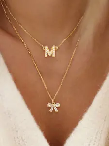 Women's Elegant Zirconia Initial Bow Pendant Letter Necklace Set, Stainless Steel Multi-Layer Chain Jewelry for All Seasons