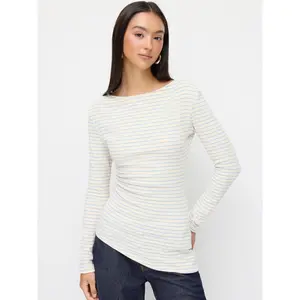 Cider Cotton-blend Striped Boat Neck Long Sleeve Ruched Asymmetrical Hem Top