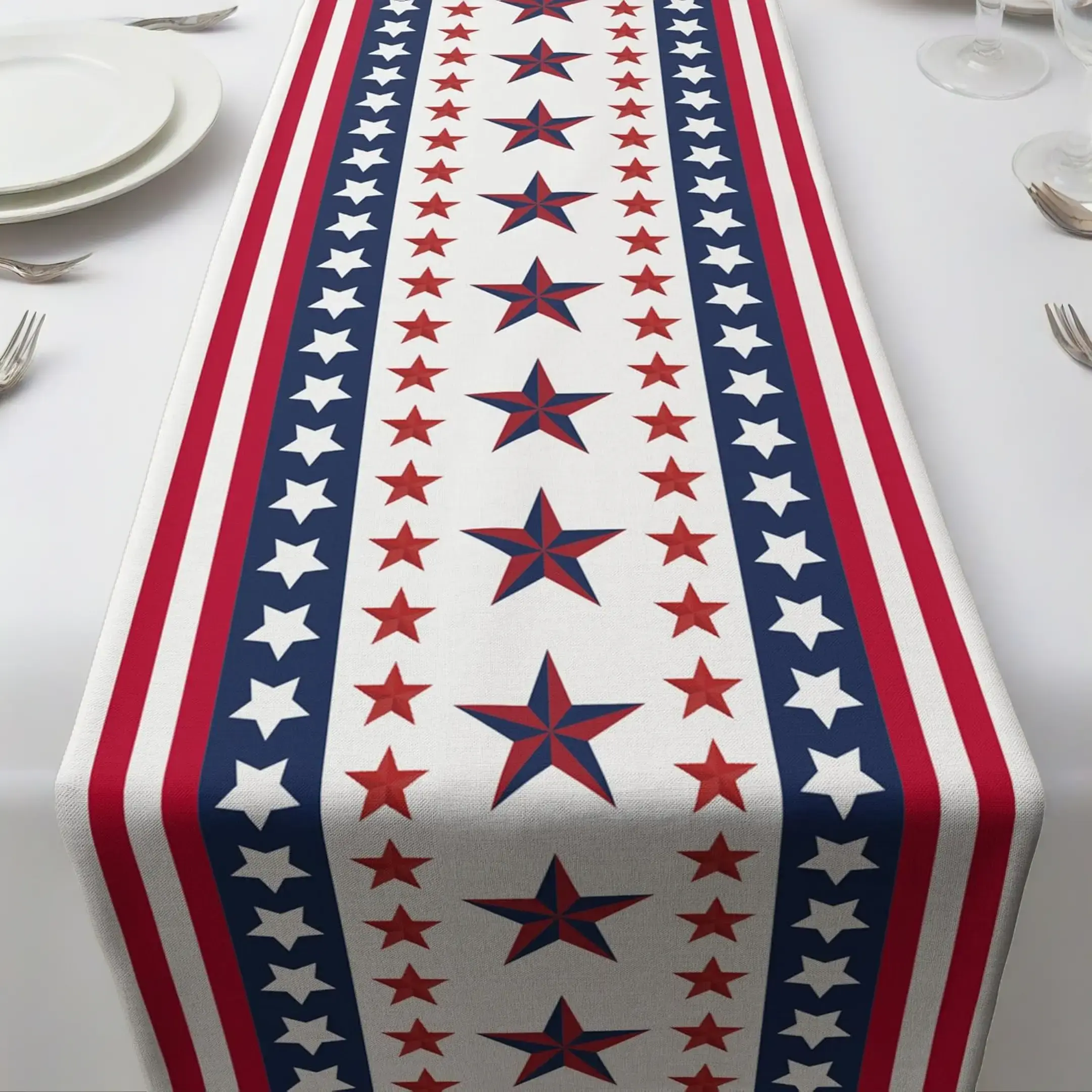 Patriotic USA Stars Character-Designed Rectangular Polyester Table Runner - 73x13.8 in, Wrinkle-Resistant, Durable, Food-Safe Kitchen Linen, Machine Washable, 250th Anniversary Merchandise, Indoor-Outdoor Home Party Supply