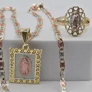 VIRGIN MARY religious set necklace with ring with heart's gold-plated thee colors style beautiful  20"inches