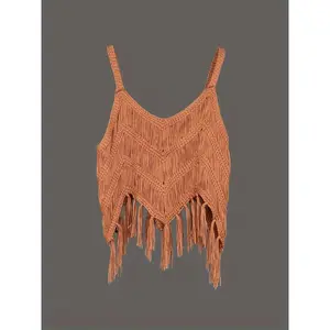 Fashionable women's knitted tassel vest, suitable for beach atmosphere sleeveless square casual spaghetti strap topRAIMENTRY