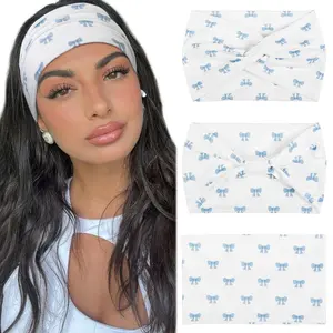 3 Pcs Wide Bows Headbands for, Fashion Cute Turban Head Band for Non Slip Knotted Thick Sport Headband for Workout Yoga