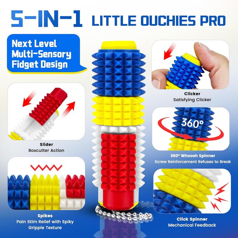 1 Pcs Little Ouchies Spiky Sensory Fidget Toy for Adults – 5-in-1 Pain Stim Tool with Clicker, Spinner, Slider, Roller & Spiky Grip, Stress & Anxiety Relief, Portable Keychain