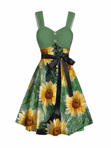 2025 Women's Summer Dresses Sweetheart Neck Van Gogh Sunflower Print Mock Button Ruched Bust Tank Belt Renaissance Dress