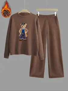 Women's Fall Winter Bear Print Thick Knit Sweater Set, Loose Fit Round Neck Long Sleeve Top High Waist Straight Leg Pants Two-Piece Suit