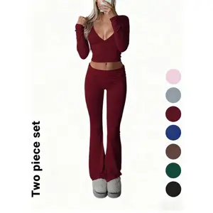 Elegant Casual V-Neck Long Sleeve Two-Piece Set Slim-Fit Crop Top & Pants for Fall Winter Moderate Fabric Plain Color Design Clothes Womenswear Suits Gamis Basic Minimalist Pebble Lime Short Breathable Outfit