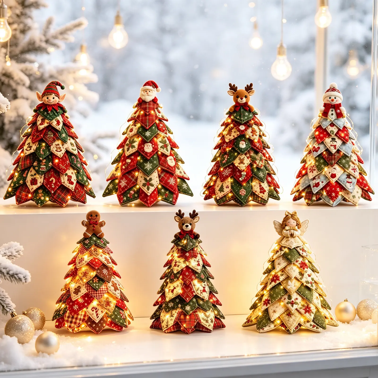 Lighted Fabric Christmas Tree Decor Set - Quilted Patchwork Tabletop Trees with LED Lights, Elf Santa Reindeer Snowman Designs, Holiday Home Decoration