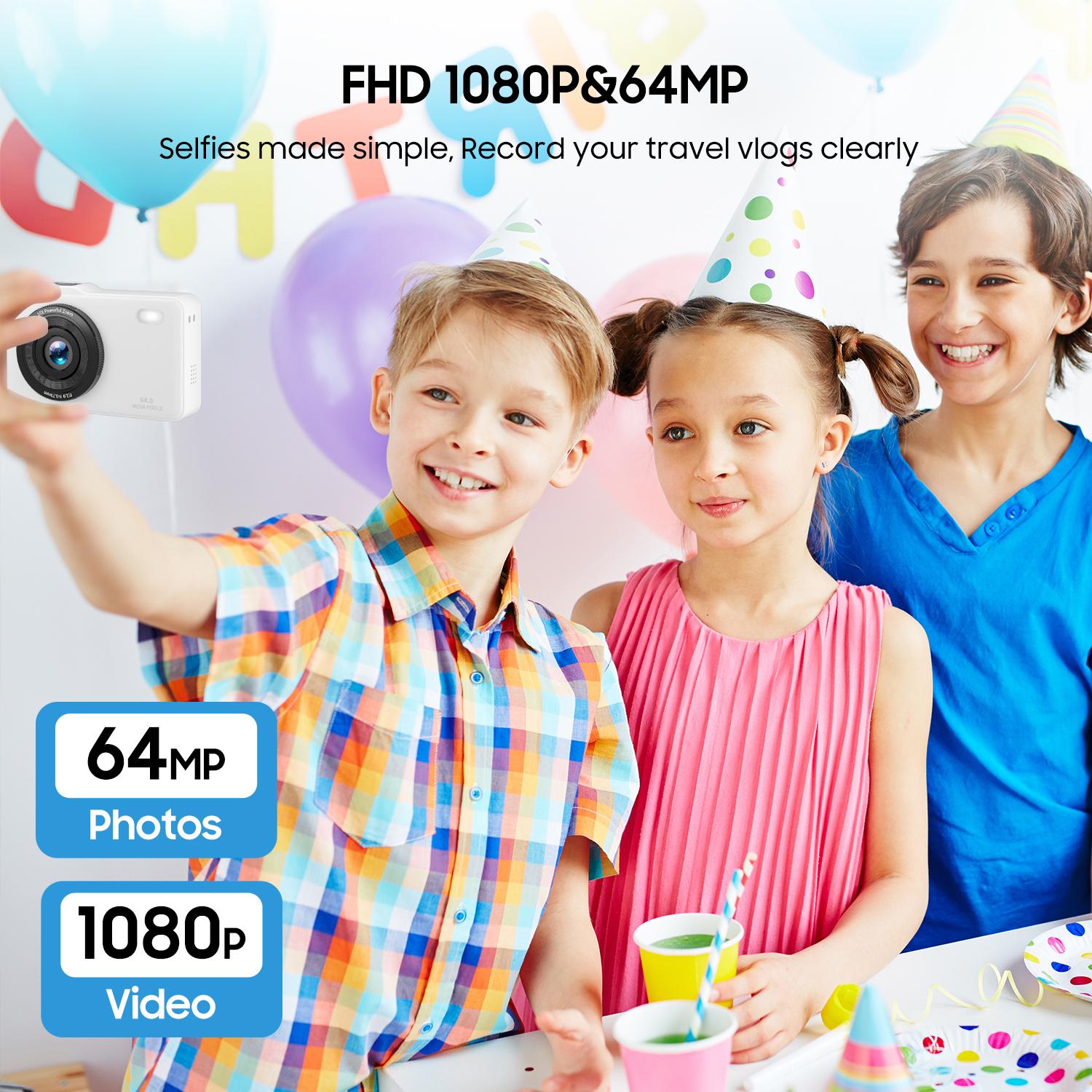 A kids' camera! Capture precious childhood memories without phone distractions. 64MP photos, 1080P video, 16x zoom, autofocus, stabilization and flash. 0.25 lbs lightweight, with 2 batteries and 64GB card included. Ideal gift. Digital Digital Portable