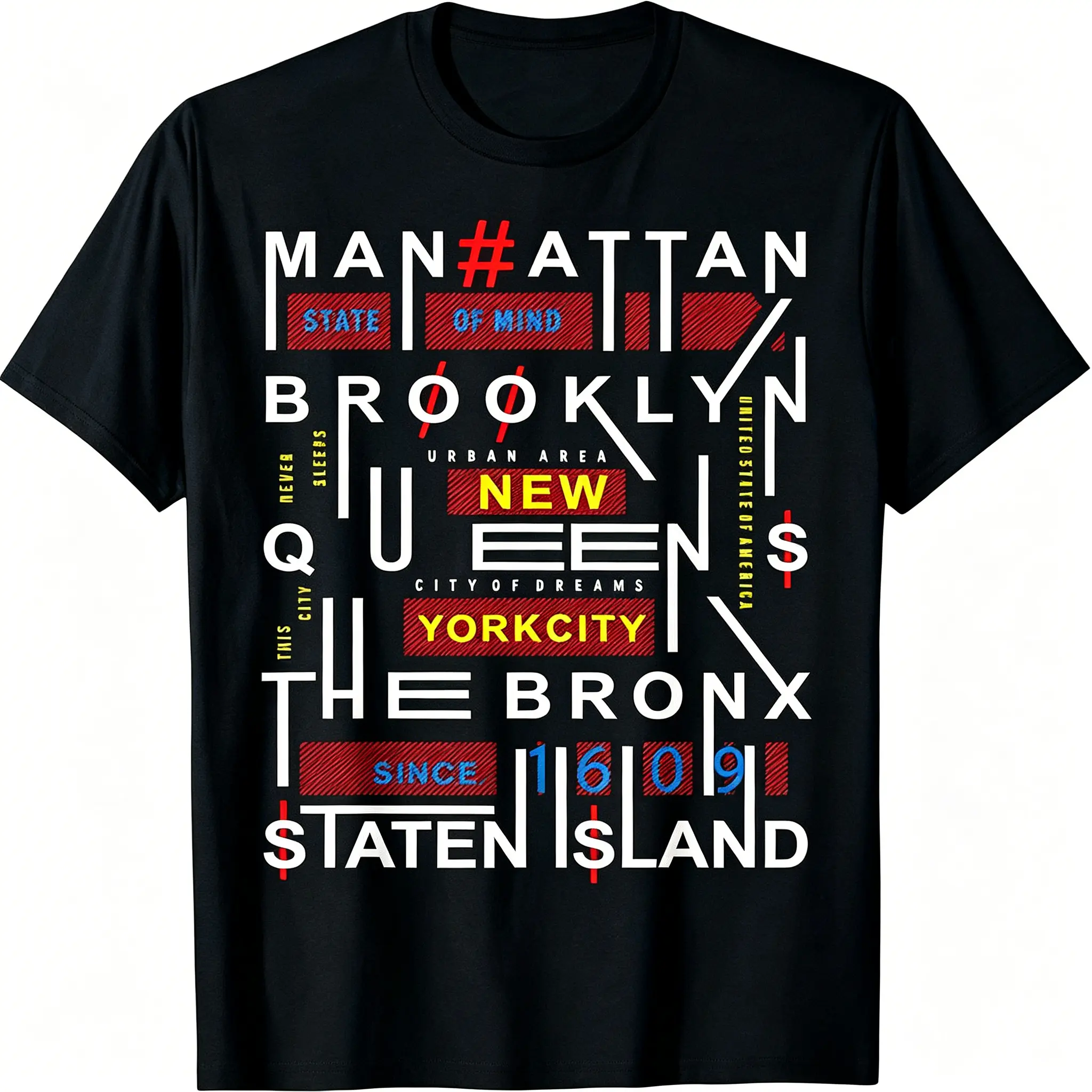 Unisex Vintage New York Map Pattern T-Shirt -  Heavyweight Vintage New York City District Design, including Manhattan, Brooklyn, Queens, Bronx