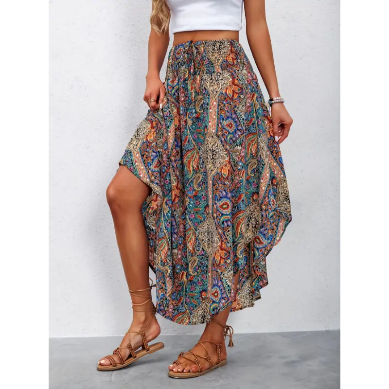 Women's Pleated Midi Skirt, Elegant All Over Print Polyester Fabric with a High Waist and Asymmetric Hem for Casual Streetwear, Casual Streetwear Skirt, Mid-Length
