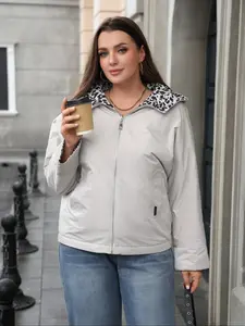 Plus Size Women's Casual Zipper Hooded Reversible Cotton Jacket, Fall Winter Fashion, Comfortable and Stylish Outerwear