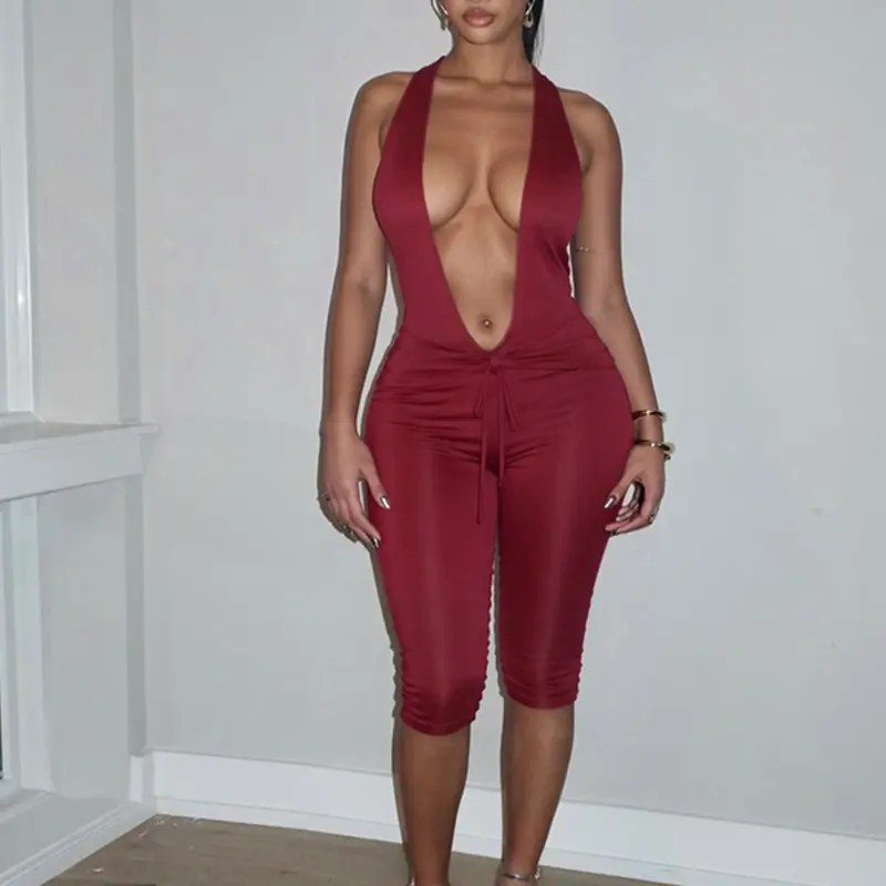 New Women's Plain Slim-Fitting Sexy Backless Sleeveless Halter Neck Nightclub Fitted Party Club Jumpsuit, Womenswear, Suitable for Various Occasions, All Seasons