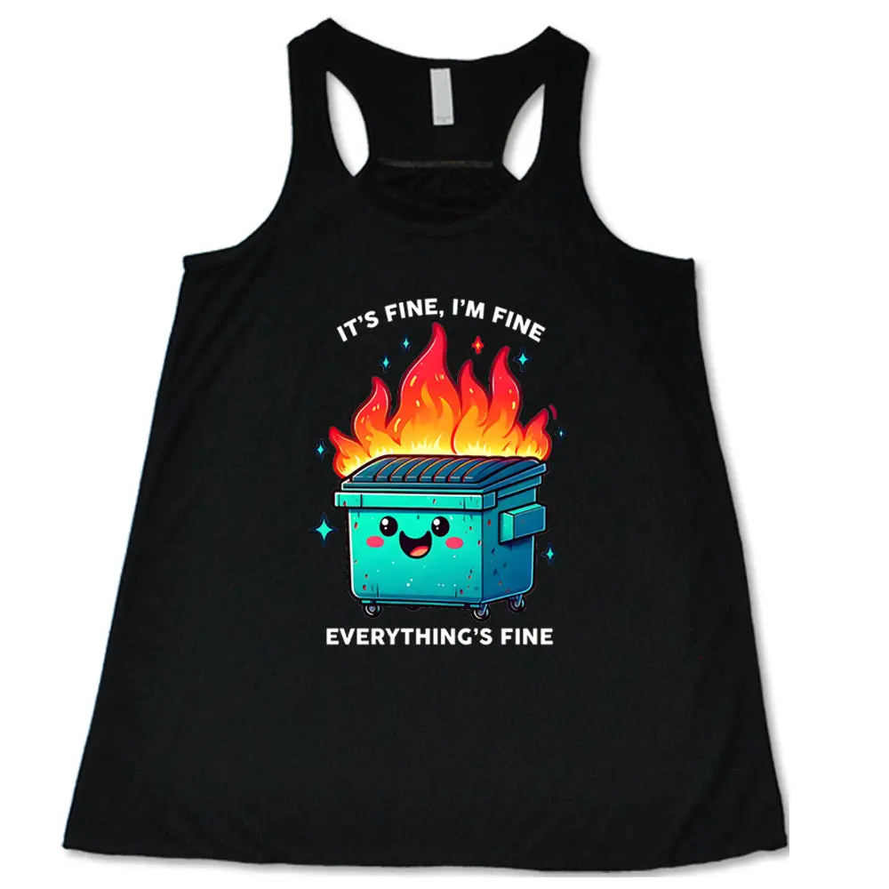 C V G Women's Everything's Fine Graphic Workout Tank Top, Funny Dumpster Fire Flowy Racerback for Gym Fitness Activewear, Graphic Print
