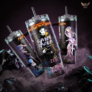 Re:Zero Subaru Rem Emilia Starting Life in Another World 40 oz Vacuum Insulated Tumbler with Handle Straw Game Over Play Again Graphic Keeps Drinks 18/8 Stainless Steel Travel Mug Anime Japanese Anime Merch Gift Bottled