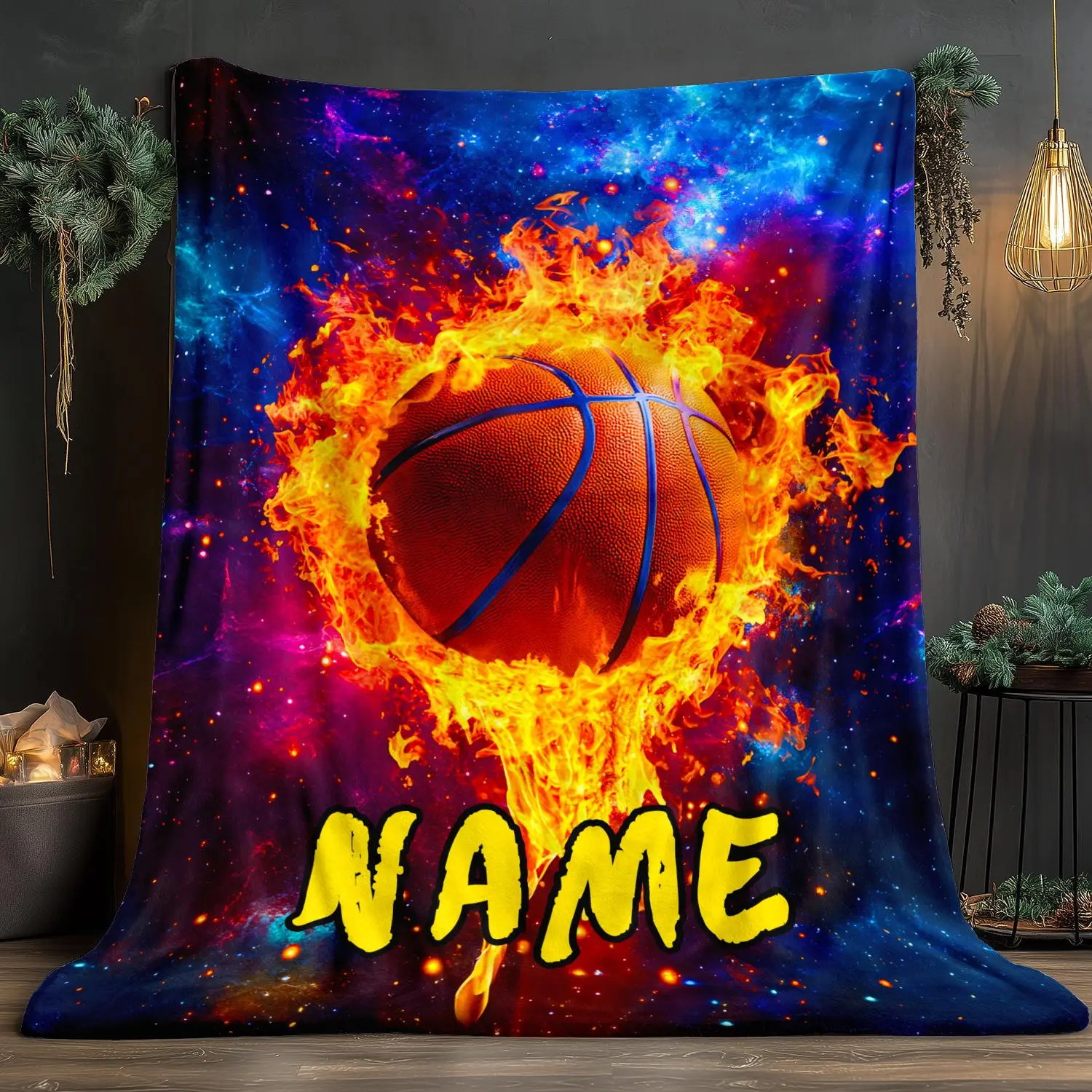 Personalized Basketball Blanket - Starry Sky Flame Design, Soft & Warm Flannel Throw for Home, Travel, and Sports Enthusiasts, Custom Name Option, Lightweight & Cozy for Sofa, Bed, Office, or Camping, Sports Themed Bedding, Customized, Grandparents, Space