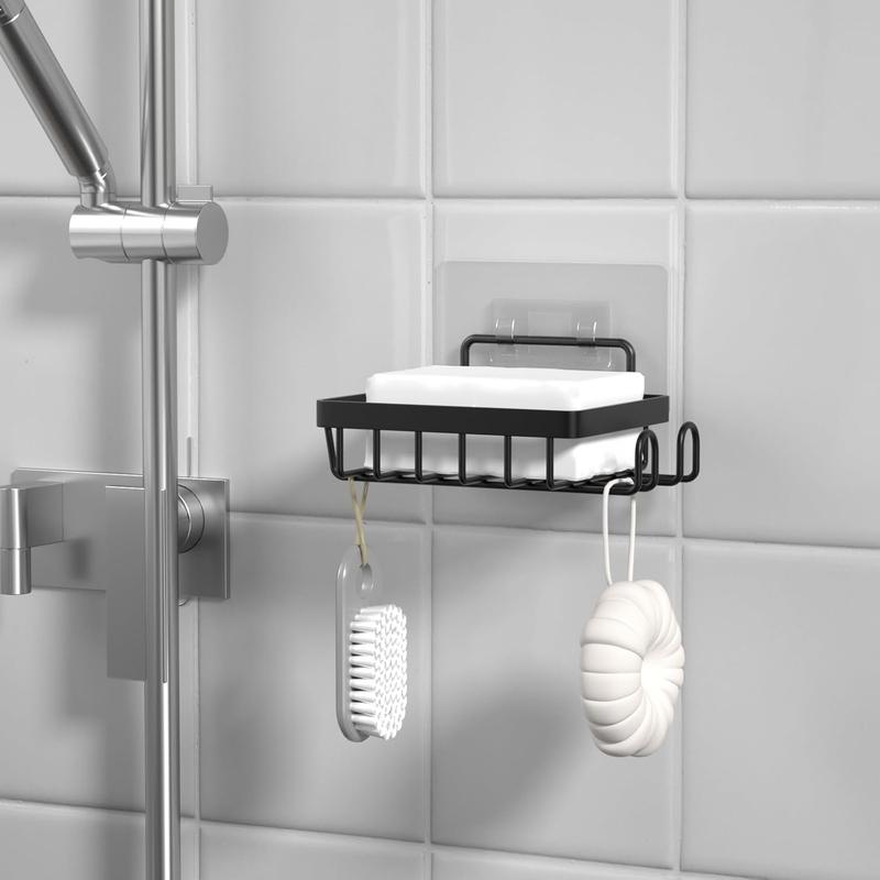 Adhesive Soap Bar Holder for Shower Wall, Self Draining Soap Dish Container  Saver with 2 Hooks for Razor Loofah, Shampoo Sponge Tray Case Box for Bathroom Kitchen Sink, Black