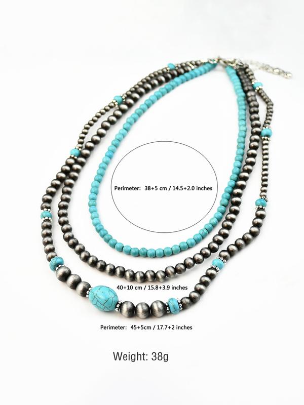 3pcs Vintage CCB Antique Lacquer Plated Beads Necklaces for Women, Synthetic Turquoise Jewelry Set, Elegant Western Style Modern Versatile Accessories