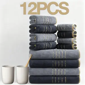 12 Pcs Coral Fleece Bath Towel Set - Super Absorbent Soft Comfortable, Gold Striped, Includes 70x140cm (Extra Long) Bath Towels, 35x75cm Towels & 34x34cm Square Towels for Home