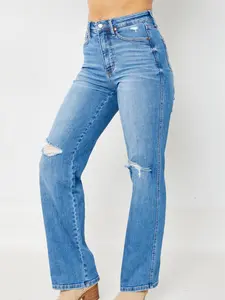 Alice Judy Blue Jeans Tummy Control High Waisted Distressed Straight Leg