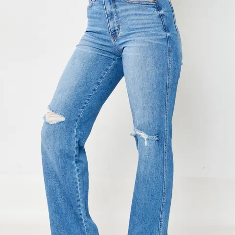Alice Judy Blue Jeans Tummy Control High Waisted Distressed Straight Leg
