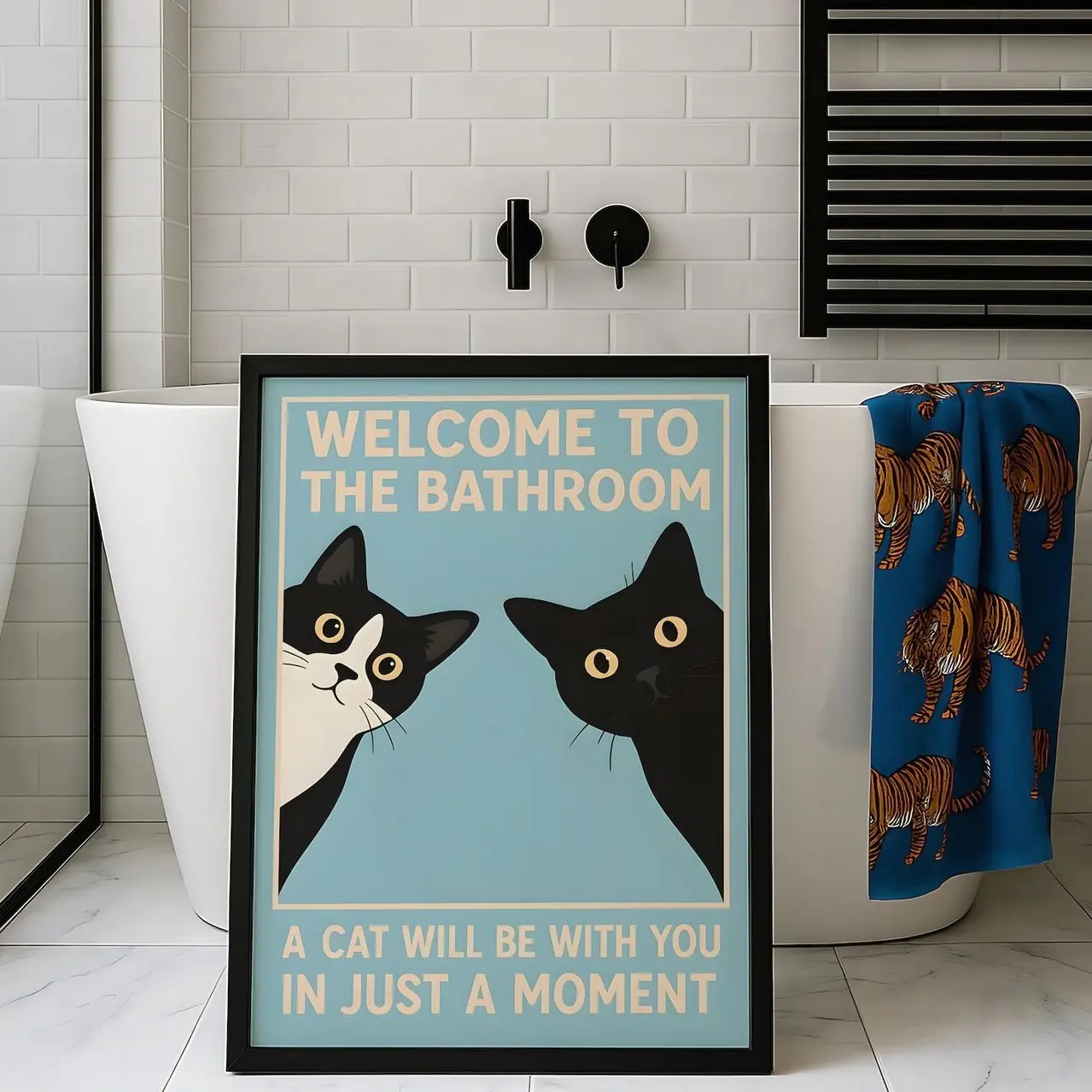 Welcome To The Bathroom Print: Funny Black Cat Poster - Quirky Vintage Wall Art - Gift For Cat Lover - Tuxedo Cat Art - Toilet Wall Decor F