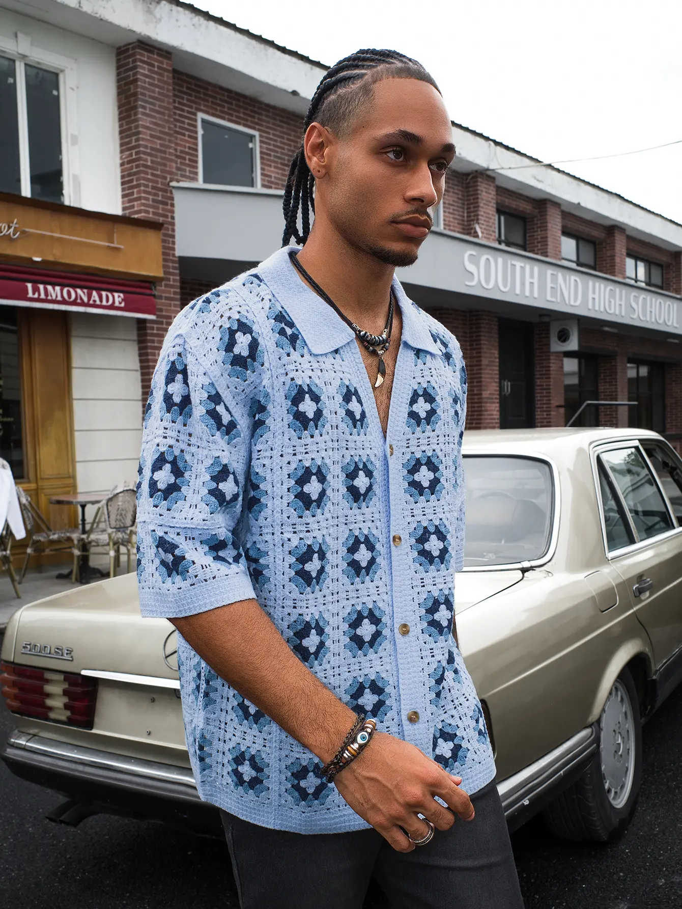Men's Short-Sleeve Knitted Shirt - Baby Blue, Collared, Button Closure, Loose Fit, All-Over Boho Print, Acrylic Fabric, Stretch, Hem, Male Clothing for Summer Vacation Casualwear